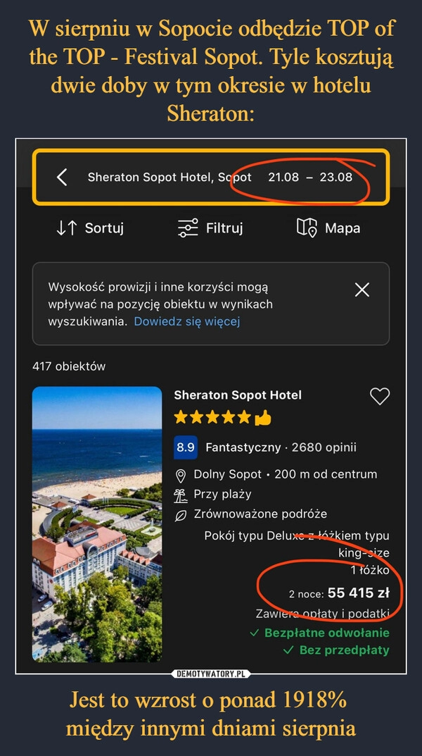 
    W sierpniu w Sopocie odbędzie TOP of the TOP - Festival Sopot. Tyle kosztują dwie doby w tym okresie w hotelu Sheraton: Jest to wzrost o ponad 1918% 
między innymi dniami sierpnia