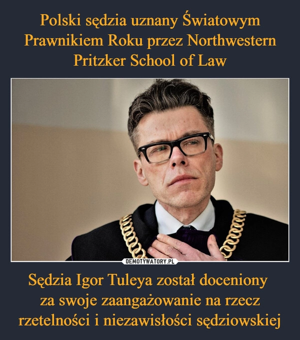 
    Polski sędzia uznany Światowym Prawnikiem Roku przez Northwestern Pritzker School of Law Sędzia Igor Tuleya został doceniony 
za swoje zaangażowanie na rzecz rzetelności i niezawisłości sędziowskiej