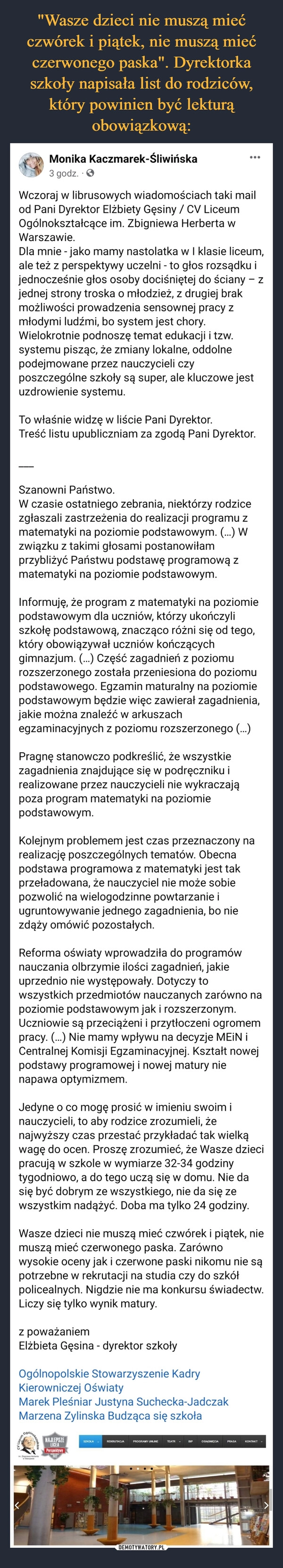 
    "Wasze dzieci nie muszą mieć czwórek i piątek, nie muszą mieć czerwonego paska". Dyrektorka szkoły napisała list do rodziców, który powinien być lekturą obowiązkową: