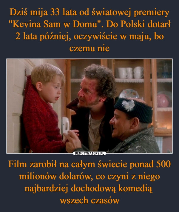 
    Dziś mija 33 lata od światowej premiery "Kevina Sam w Domu". Do Polski dotarł 2 lata później, oczywiście w maju, bo czemu nie Film zarobił na całym świecie ponad 500 milionów dolarów, co czyni z niego najbardziej dochodową komedią 
wszech czasów