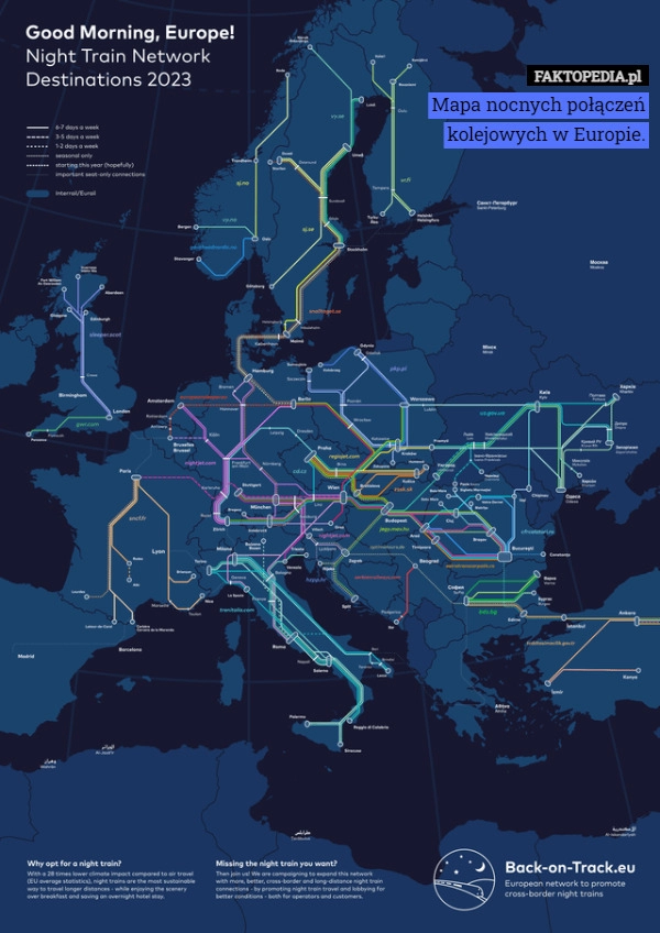 
    Mapa nocnych połączeń kolejowych w Europie.