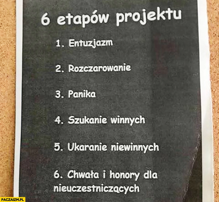 
    6 etapów projektu: entuzjazm, rozczarowanie, panika, szukanie winnych, ukaranie niewinnych, chwała i honory dla nieuczestniczących