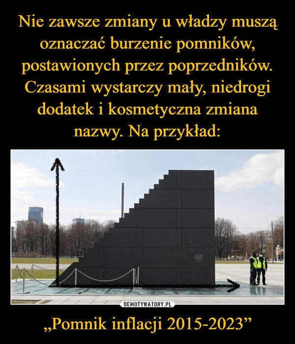 
    Nie zawsze zmiany u władzy muszą oznaczać burzenie pomników, postawionych przez poprzedników. Czasami wystarczy mały, niedrogi dodatek i kosmetyczna zmiana nazwy. Na przykład: „Pomnik inflacji 2015-2023”