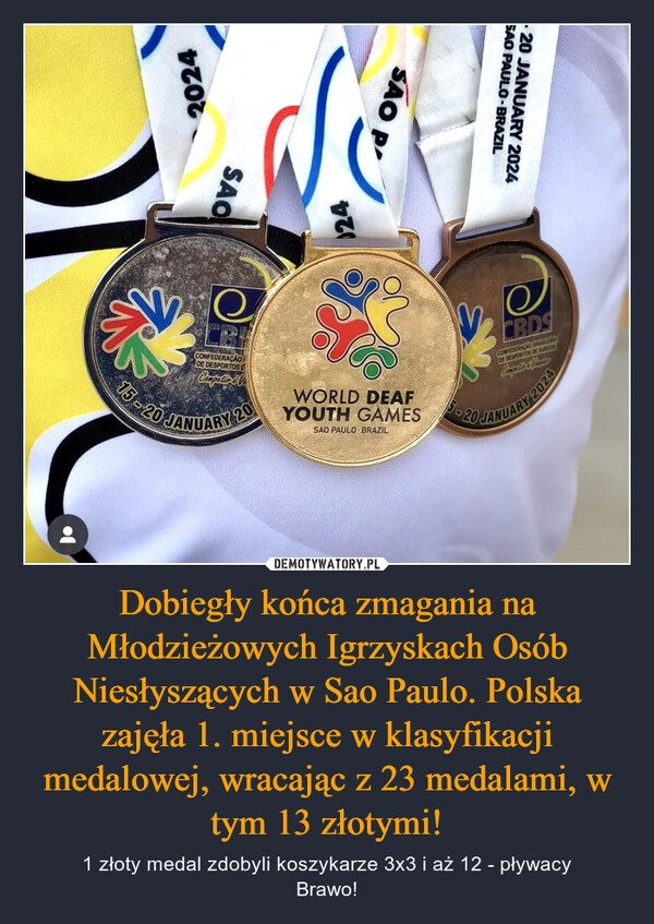 
    Dobiegły końca zmagania na Młodzieżowych Igrzyskach Osób Niesłyszących w Sao Paulo. Polska zajęła 1. miejsce w klasyfikacji medalowej, wracając z 23 medalami, w tym 13 złotymi!