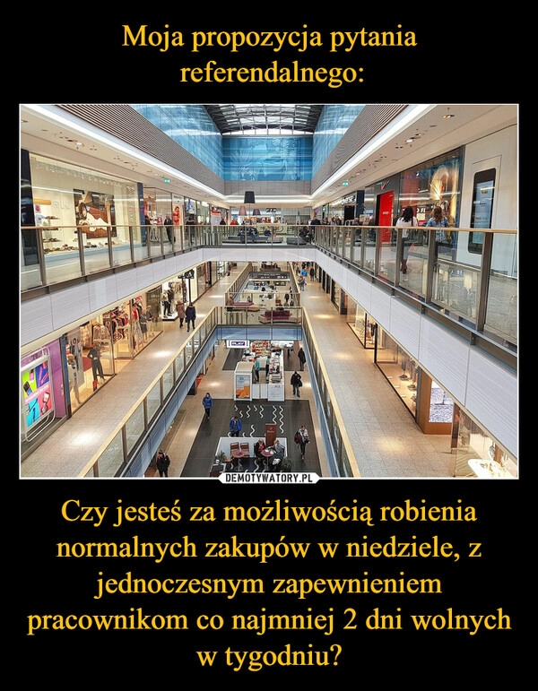 
    Moja propozycja pytania
 referendalnego: Czy jesteś za możliwością robienia normalnych zakupów w niedziele, z jednoczesnym zapewnieniem pracownikom co najmniej 2 dni wolnych w tygodniu?