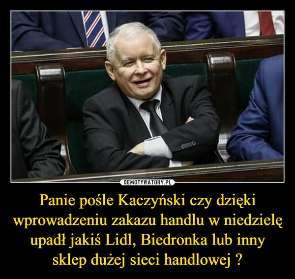 
    Panie pośle Kaczyński czy dzięki wprowadzeniu zakazu handlu w niedzielę upadł jakiś Lidl, Biedronka lub inny sklep dużej sieci handlowej ?