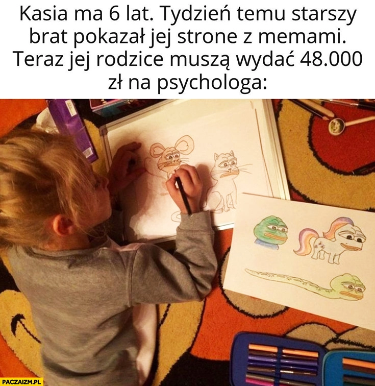 
    Kasia ma 6 lat, tydzień temu starszy brat pokazał jej stronę z memami, teraz jej rodzice muszą wydać 48 tys zł na psychologa