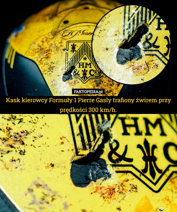 
    Kask kierowcy Formuły 1 Pierre Gasly trafiony żwirem przy prędkości 300