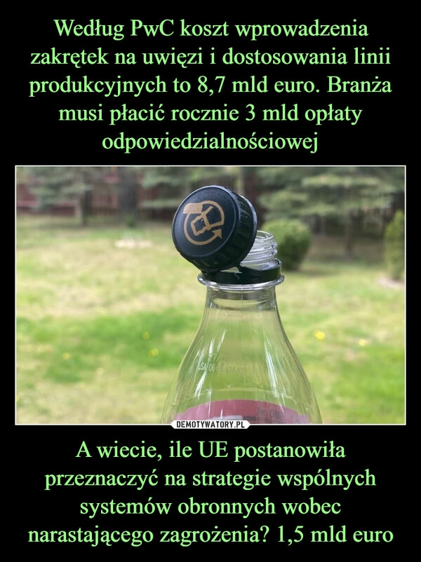 
    Według PwC koszt wprowadzenia zakrętek na uwięzi i dostosowania linii produkcyjnych to 8,7 mld euro. Branża musi płacić rocznie 3 mld opłaty odpowiedzialnościowej A wiecie, ile UE postanowiła przeznaczyć na strategie wspólnych systemów obronnych wobec narastającego zagrożenia? 1,5 mld euro