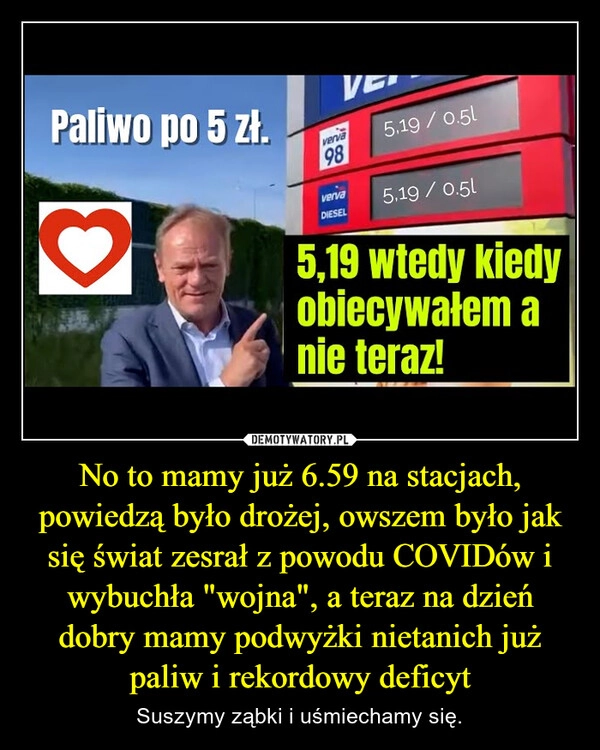 
    No to mamy już 6.59 na stacjach, powiedzą było drożej, owszem było jak się świat zesrał z powodu COVIDów i wybuchła "wojna", a teraz na dzień dobry mamy podwyżki nietanich już paliw i rekordowy deficyt