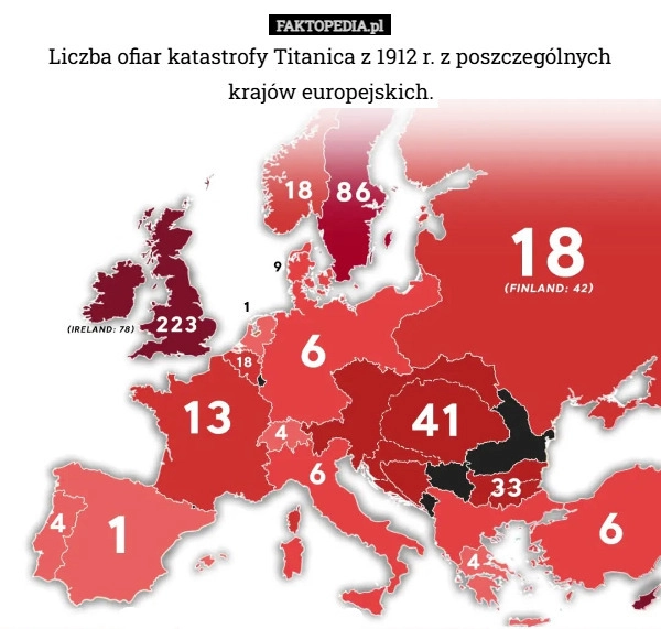 
    Liczba ofiar katastrofy Titanica z 1912 r. z poszczególnych krajów europejskich.