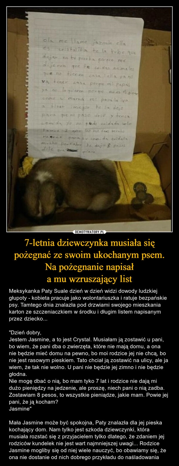 
    7-letnia dziewczynka musiała się pożegnać ze swoim ukochanym psem. Na pożegnanie napisał
a mu wzruszający list