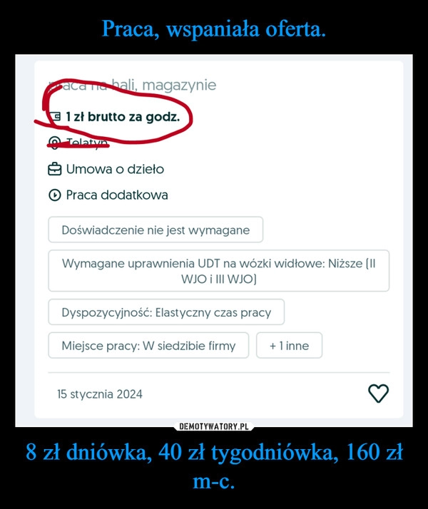 
    Praca, wspaniała oferta. 8 zł dniówka, 40 zł tygodniówka, 160 zł m-c.