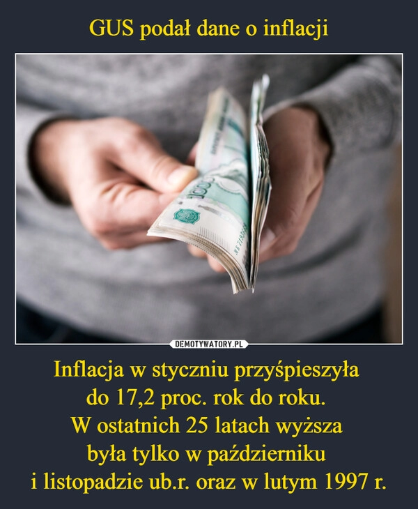 
    GUS podał dane o inflacji Inflacja w styczniu przyśpieszyła 
do 17,2 proc. rok do roku. 
W ostatnich 25 latach wyższa 
była tylko w październiku 
i listopadzie ub.r. oraz w lutym 1997 r.