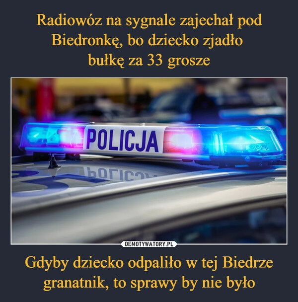 
    Radiowóz na sygnale zajechał pod Biedronkę, bo dziecko zjadło
bułkę za 33 grosze Gdyby dziecko odpaliło w tej Biedrze granatnik, to sprawy by nie było 