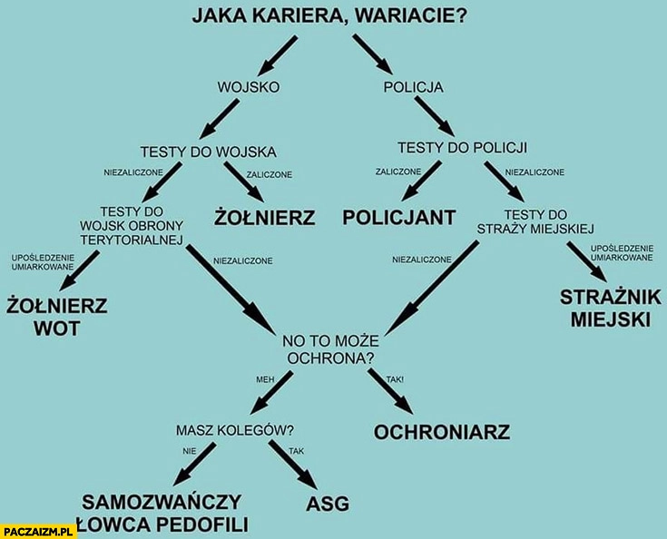 
    Wybierz ścieżkę kariery jaka kariera wariacie? Żołnierz WOT, policjant, strażnik miejski, ochroniarz, ASG, samozwańczy łowca pedofili