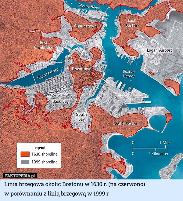 
    Linia brzegowa okolic Bostonu w 1630 r. (na czerwono)
w porównaniu z linią