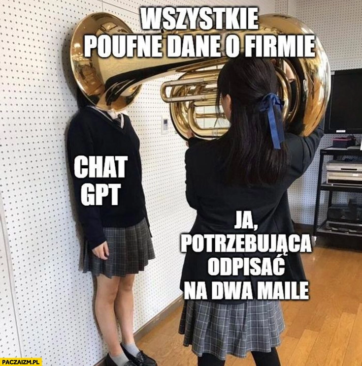 
    Ja potrzebująca odpisać na dwa maile wrzuca wszystkie poufne dane o firmie w chat GPT