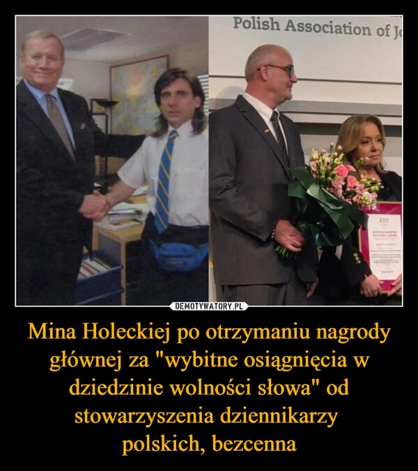 
    Mina Holeckiej po otrzymaniu nagrody głównej za "wybitne osiągnięcia w dziedzinie wolności słowa" od stowarzyszenia dziennikarzy 
polskich, bezcenna