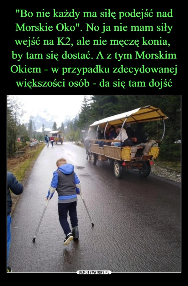 
    "Bo nie każdy ma siłę podejść nad Morskie Oko". No ja nie mam siły wejść na K2, ale nie męczę konia, 
by tam się dostać. A z tym Morskim Okiem - w przypadku zdecydowanej większości osób - da się tam dojść