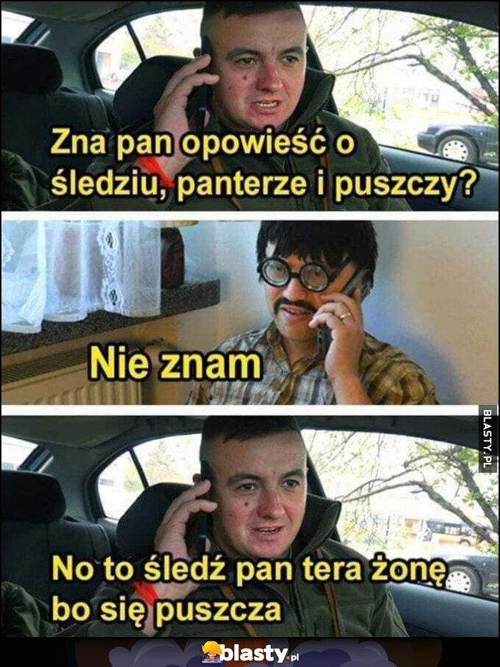 
    Zna pan opowieść o śledziu, panterze i puszczy? Nie znam, no to śledź pan tera żonę bo się puszcza