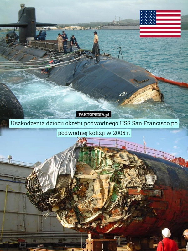 
    Uszkodzenia dziobu okrętu podwodnego USS San Francisco po podwodnej kolizji