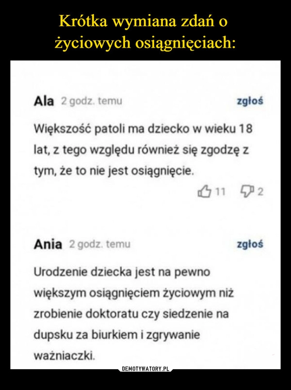 
    Krótka wymiana zdań o 
życiowych osiągnięciach: