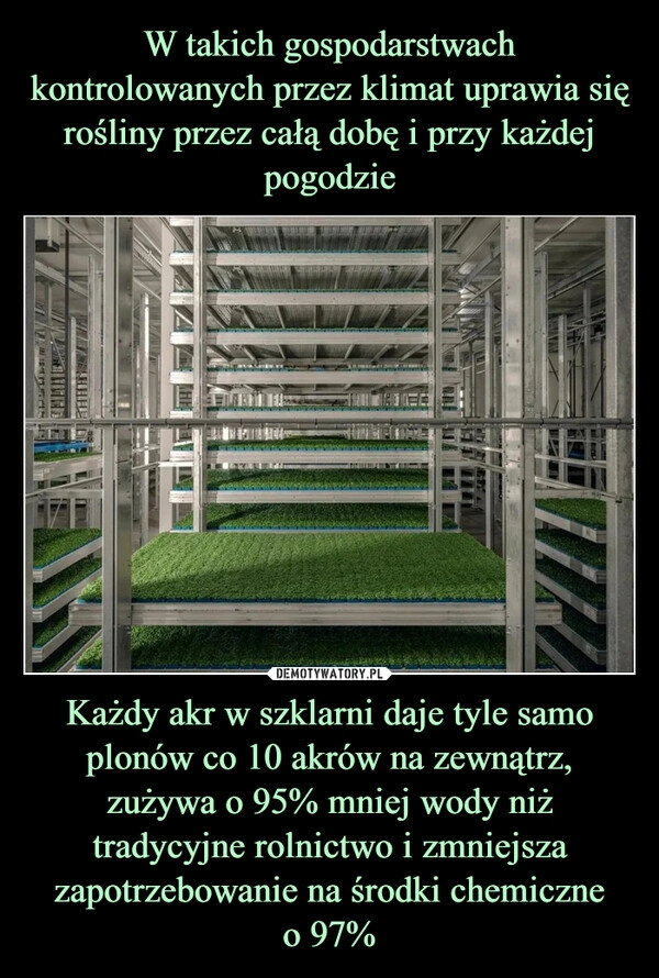 
    W takich gospodarstwach kontrolowanych przez klimat uprawia się rośliny przez całą dobę i przy każdej pogodzie Każdy akr w szklarni daje tyle samo plonów co 10 akrów na zewnątrz, zużywa o 95% mniej wody niż tradycyjne rolnictwo i zmniejsza zapotrzebowanie na środki chemiczne
o 97%