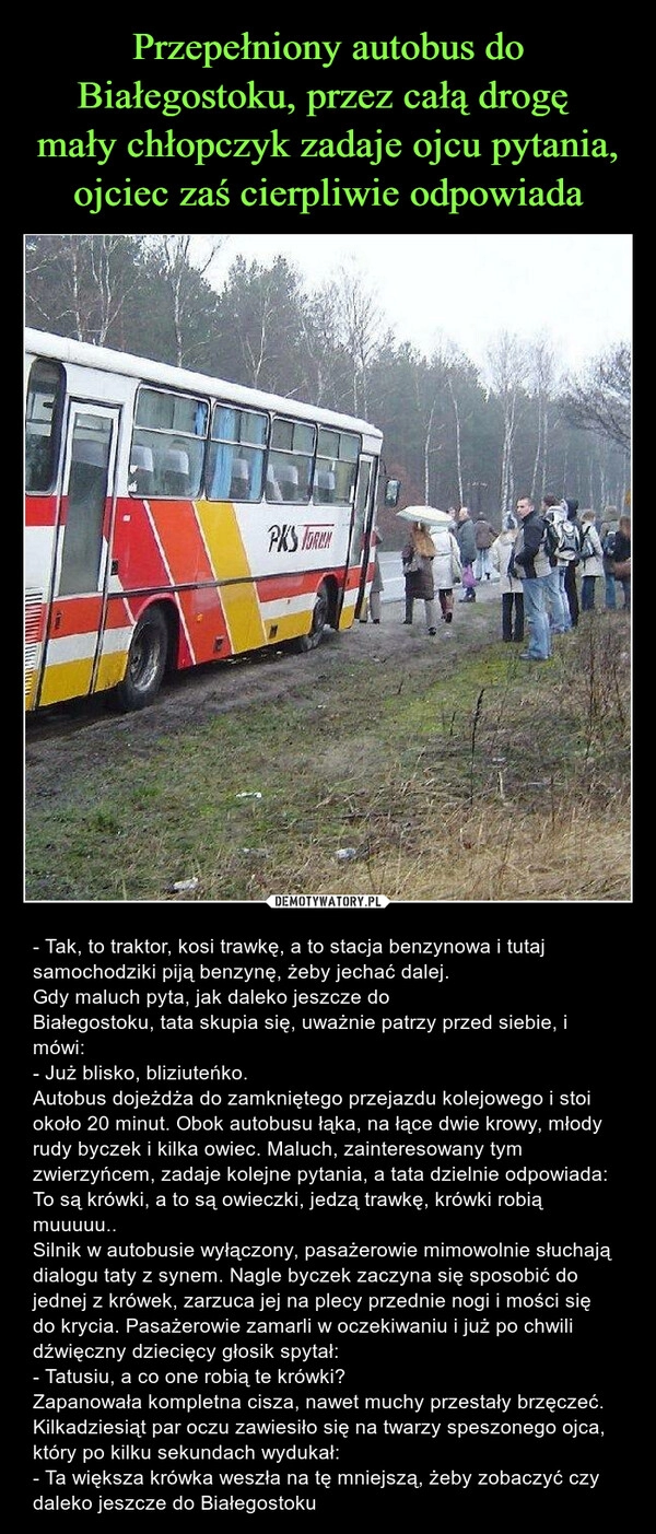 
    Przepełniony autobus do Białegostoku, przez całą drogę 
mały chłopczyk zadaje ojcu pytania, ojciec zaś cierpliwie odpowiada