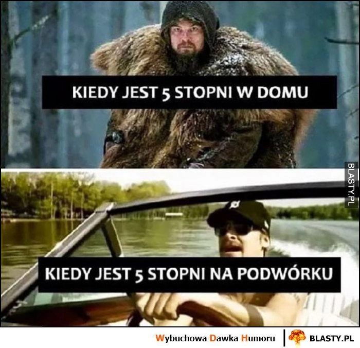 
    Kiedy jest 5 stopni w domu vs kiedy jest 5 stopni na podwórku porównanie Leonardo Dicaprio