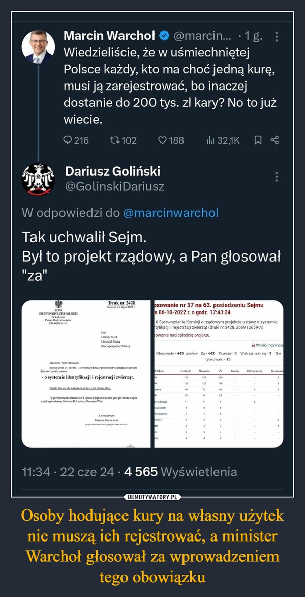 
    Osoby hodujące kury na własny użytek nie muszą ich rejestrować, a minister Warchoł głosował za wprowadzeniem tego obowiązku