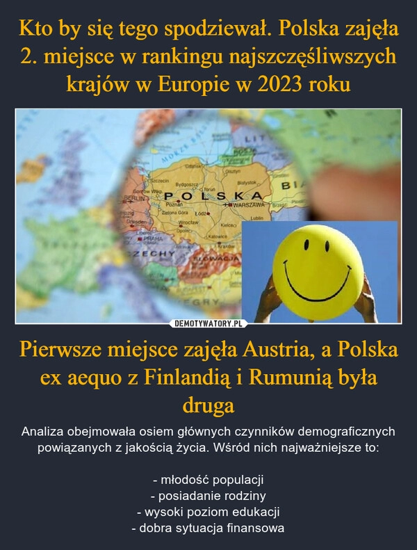 
    Kto by się tego spodziewał. Polska zajęła 2. miejsce w rankingu najszczęśliwszych krajów w Europie w 2023 roku Pierwsze miejsce zajęła Austria, a Polska ex aequo z Finlandią i Rumunią była druga