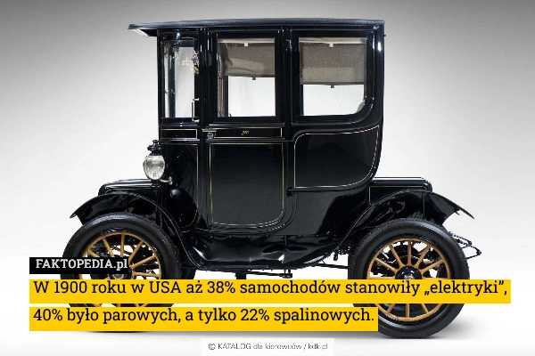 
    W 1900 roku w USA aż 38% samochodów stanowiły „elektryki”, 40% było parowych,