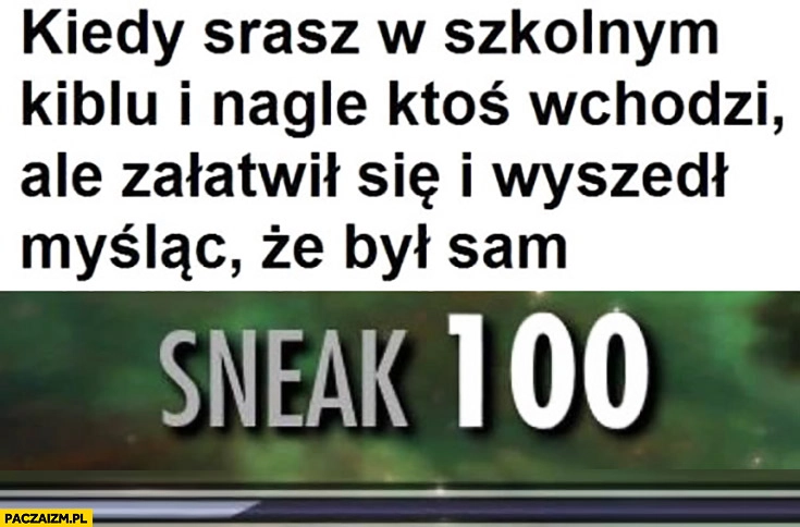 
    Kiedy srasz w szkolnym kiblu i nagle ktoś wchodzi ale załatwił się i wyszedł myśląc, że był sam sneak 100