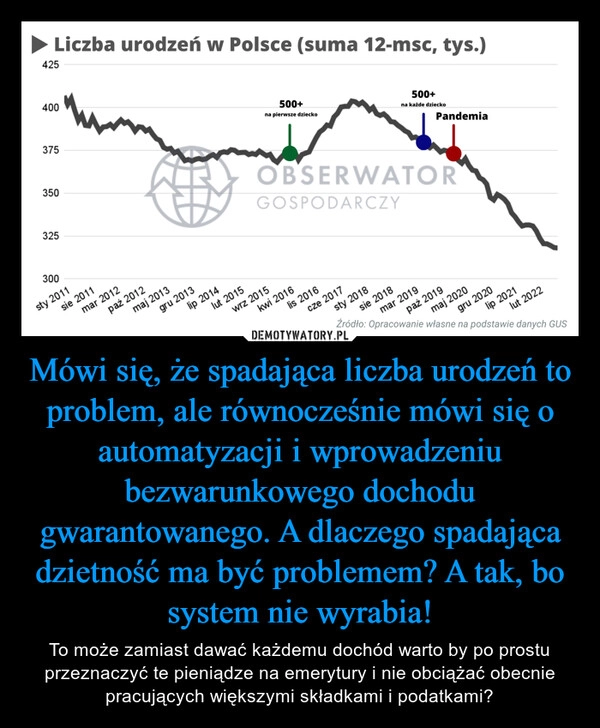 
    Mówi się, że spadająca liczba urodzeń to problem, ale równocześnie mówi się o automatyzacji i wprowadzeniu bezwarunkowego dochodu gwarantowanego. A dlaczego spadająca dzietność ma być problemem? A tak, bo system nie wyrabia!