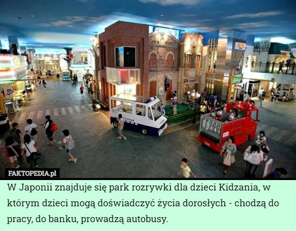 
    W Japonii znajduje się park rozrywki dla dzieci Kidzania, w którym dzieci