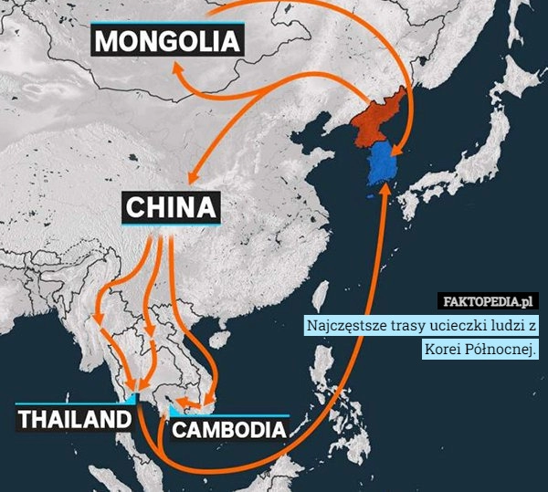 
    
			Najczęstsze trasy ucieczki ludzi z Korei Północnej.					