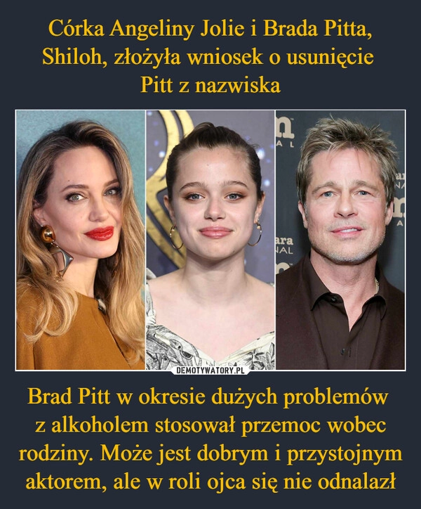 
    Córka Angeliny Jolie i Brada Pitta, Shiloh, złożyła wniosek o usunięcie 
Pitt z nazwiska Brad Pitt w okresie dużych problemów 
z alkoholem stosował przemoc wobec rodziny. Może jest dobrym i przystojnym aktorem, ale w roli ojca się nie odnalazł