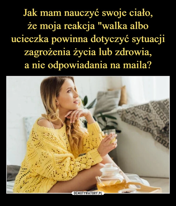 
    Jak mam nauczyć swoje ciało,
że moja reakcja "walka albo ucieczka powinna dotyczyć sytuacji zagrożenia życia lub zdrowia,
a nie odpowiadania na maila?