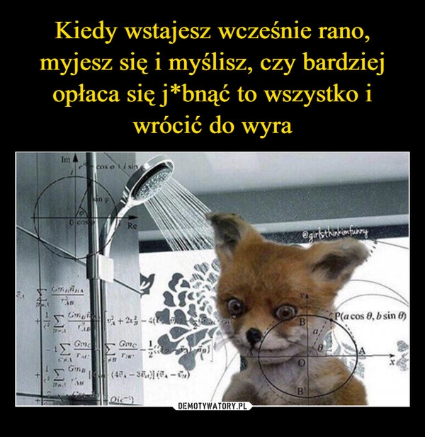 
    Kiedy wstajesz wcześnie rano, myjesz się i myślisz, czy bardziej opłaca się j*bnąć to wszystko i wrócić do wyra