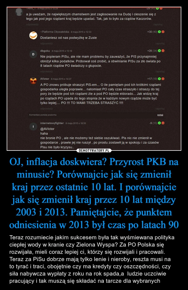 
    OJ, inflacja doskwiera? Przyrost PKB na minusie? Porównajcie jak się zmienił kraj przez ostatnie 10 lat. I porównajcie jak się zmienił kraj przez 10 lat między 2003 i 2013. Pamiętajcie, że punktem odniesienia w 2013 był czas po latach 90