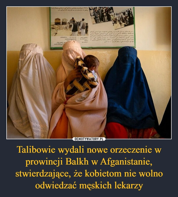 
    Talibowie wydali nowe orzeczenie w prowincji Balkh w Afganistanie, stwierdzające, że kobietom nie wolno odwiedzać męskich lekarzy 