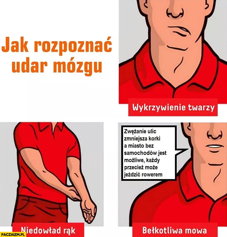 
    Jak rozpoznać udar mózgu: wykrzywienie twarzy, niedowład rąk bełkotliwa mowa „miasto bez samochodów jest możliwe”