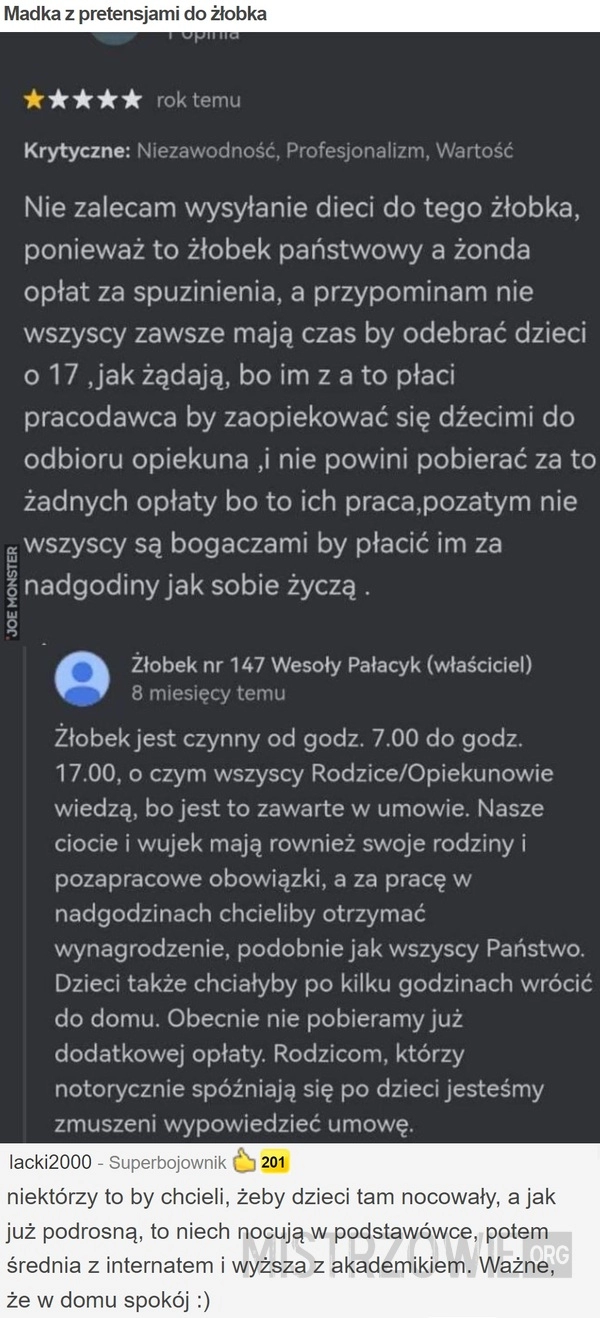 
    Madka z pretensjami do żłobka