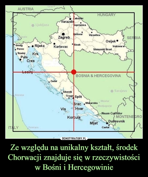 
    Ze względu na unikalny kształt, środek Chorwacji znajduje się w rzeczywistości w Bośni i Hercegowinie