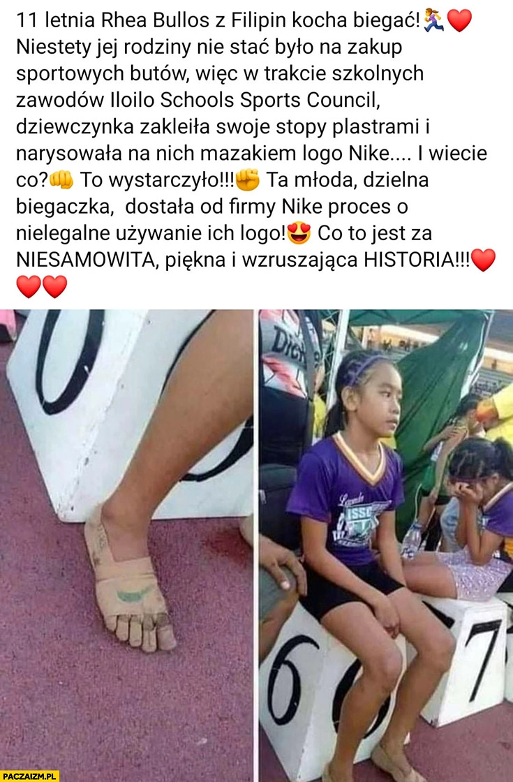 
    Dziewczynka kocha biegać nie stać ja na buty wiec obkleiła stopy plastrami i narysowała na nich logo Nike dostała pozew o nielegalne używanie logo wzruszająca historia