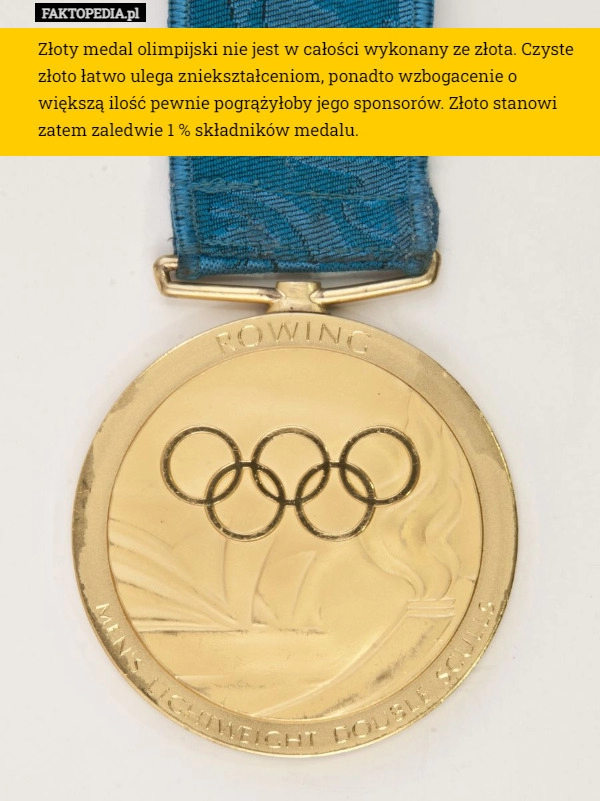 
    Złoty medal olimpijski nie jest w całości wykonany ze złota. Czyste złoto