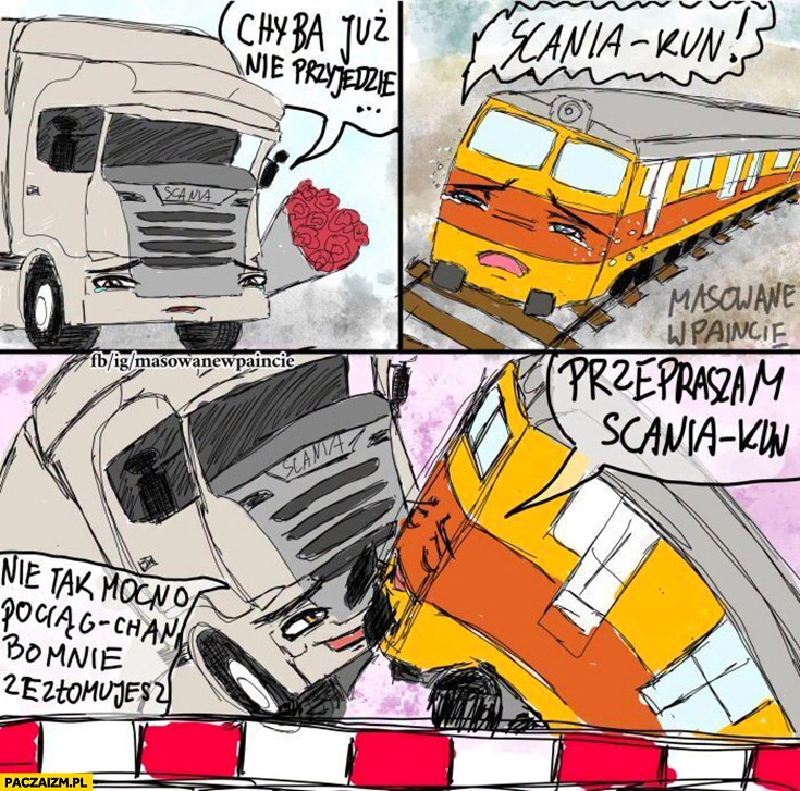 TIR na przejeździe z kwiatami pociąg jedzie spotkanie pocałunek