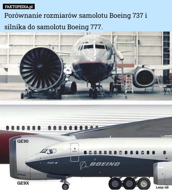 
    Porównanie rozmiarów samolotu Boeing 737 i silnika do samolotu Boeing 777.