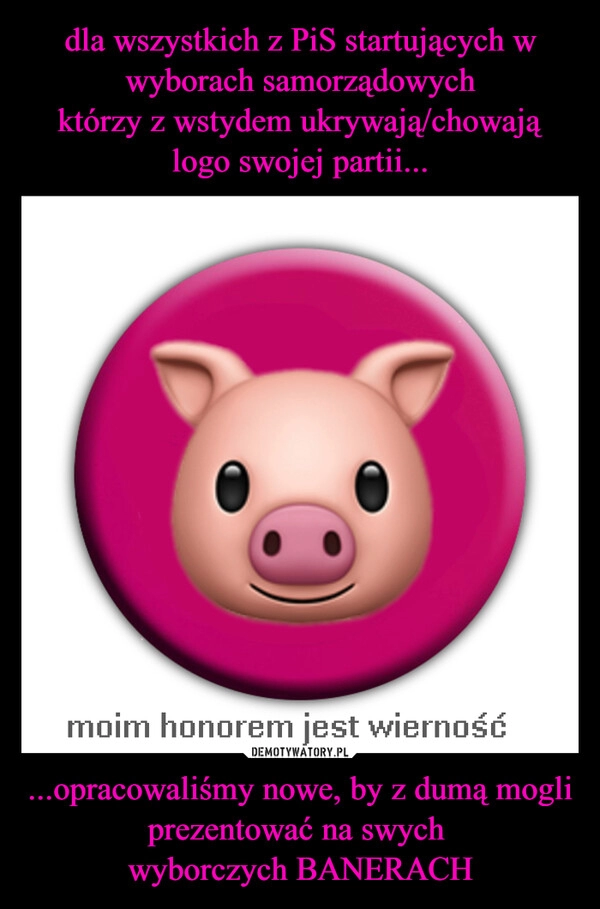 
    dla wszystkich z PiS startujących w wyborach samorządowych
którzy z wstydem ukrywają/chowają logo swojej partii... ...opracowaliśmy nowe, by z dumą mogli prezentować na swych 
wyborczych BANERACH